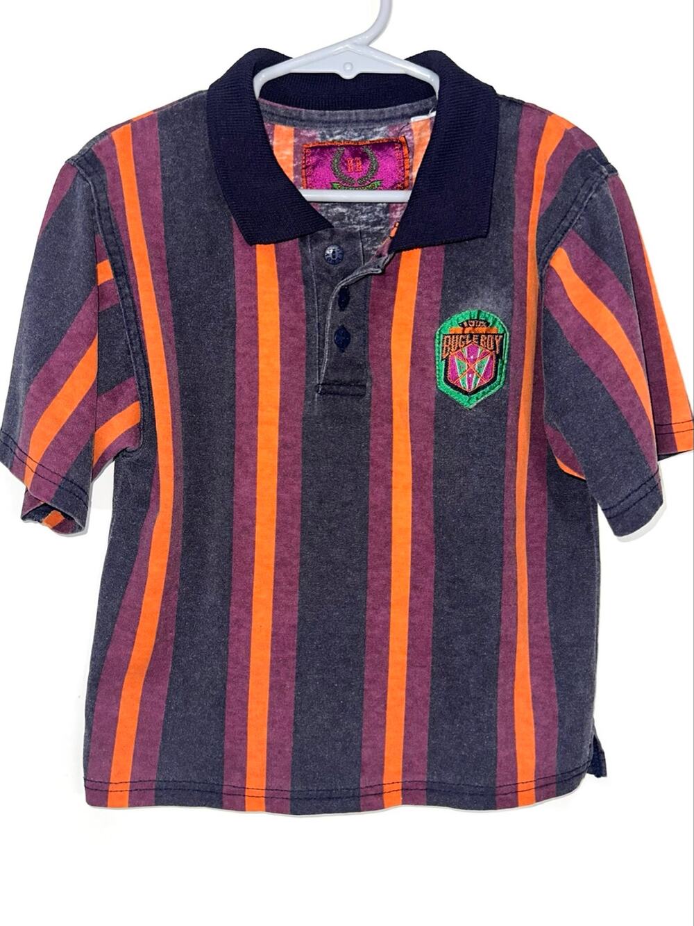 Vintage Bugle Boy 90s Boys Navy Purple Orange Stripe Short Sleeve Polo Shirt 5